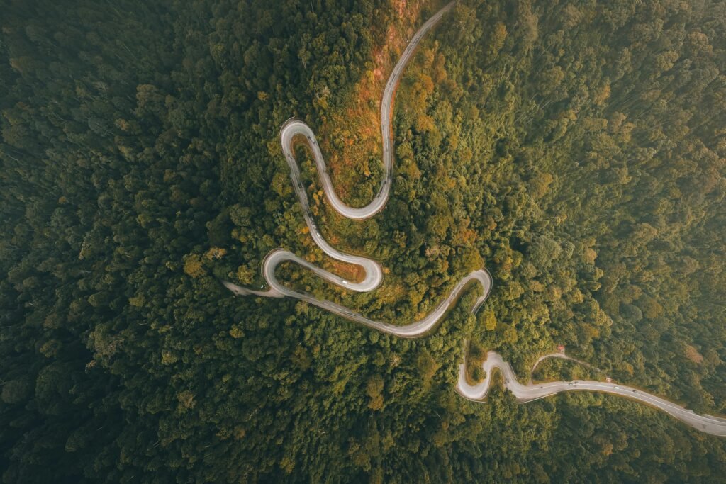 Captivating aerial shot of a winding road cutting through dense Malaysian forest.